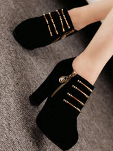 Spring Autumn New Black Thick Heel High Heel Shoes For Women, Suede Fabric Beaded Side Zipper